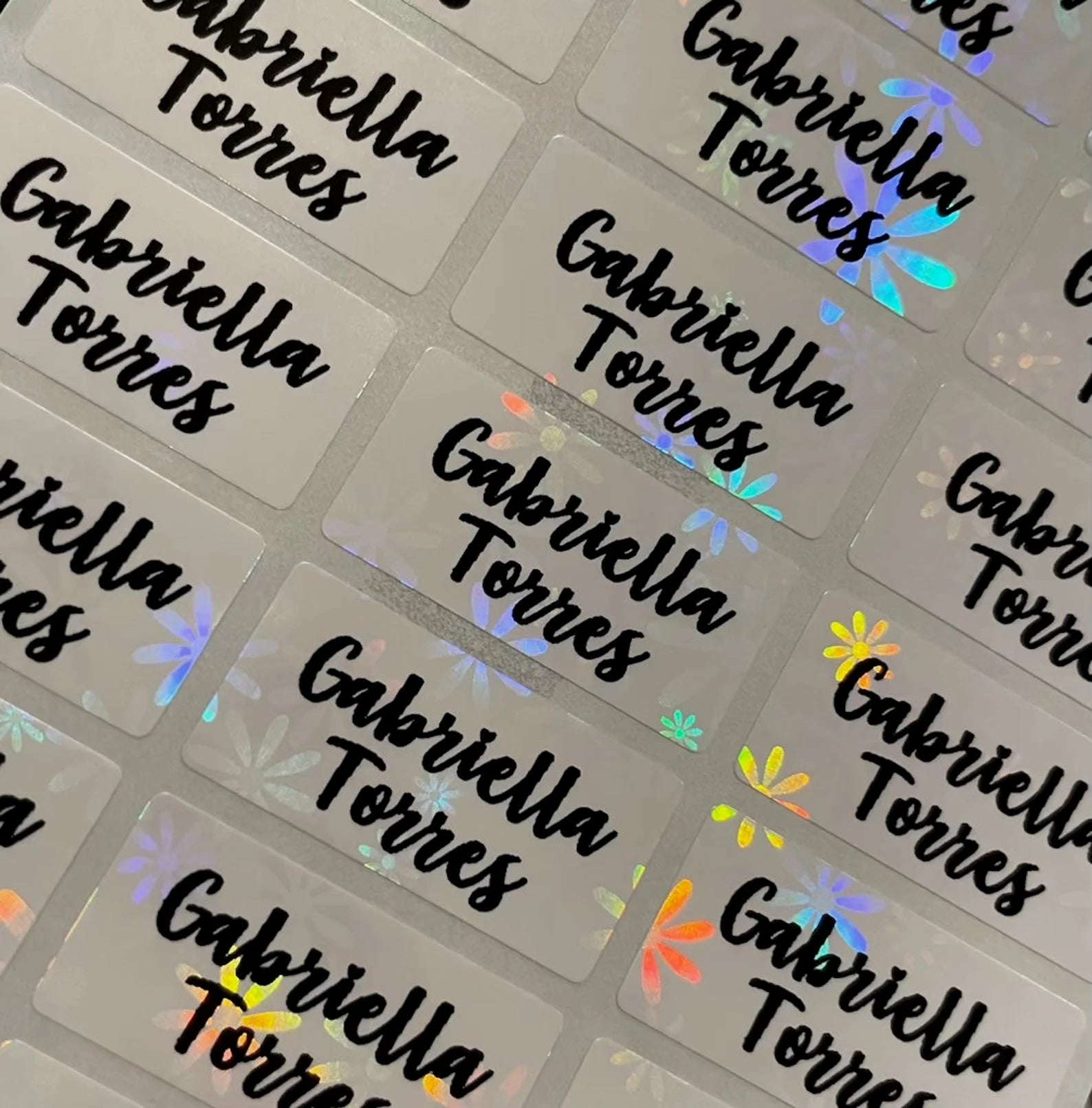 Flower Holographic White Personalized Name Labels